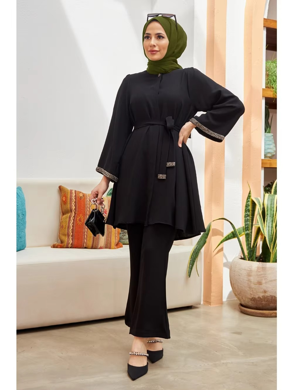 Set Women Top Shirt 2 Piece Set Lace-up Blouse Long Sleeve Shirts Pant Suits