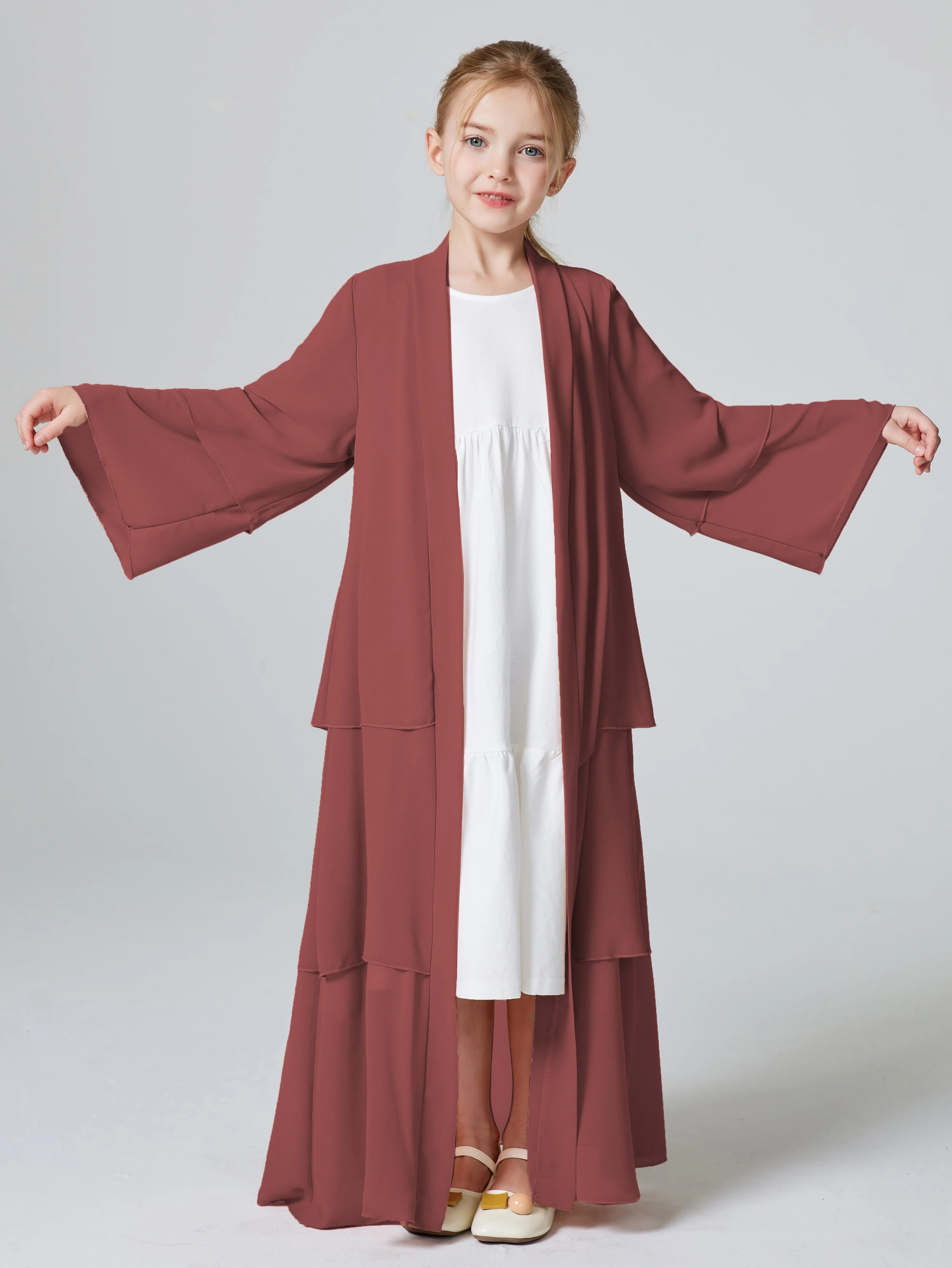 Ramadan Muslim Girls 3 Layered Chiffon Kids Abaya Dress Open Front Abaya Kebaya